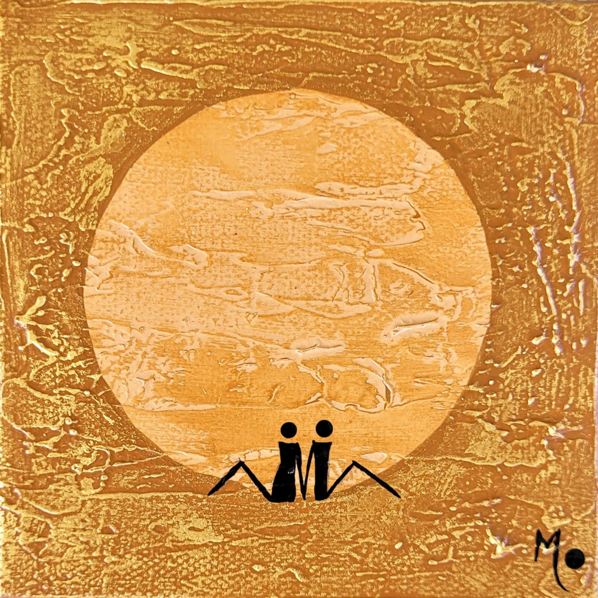 An abstract square artwork featuring a large textured gold circle centered on a mottled gold background, with two small black seated figures at the bottom and a black monogram in the lower right corner.