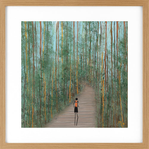 This artwork captures a peaceful hiker surrounded by towering karri trees. Framed in light wood