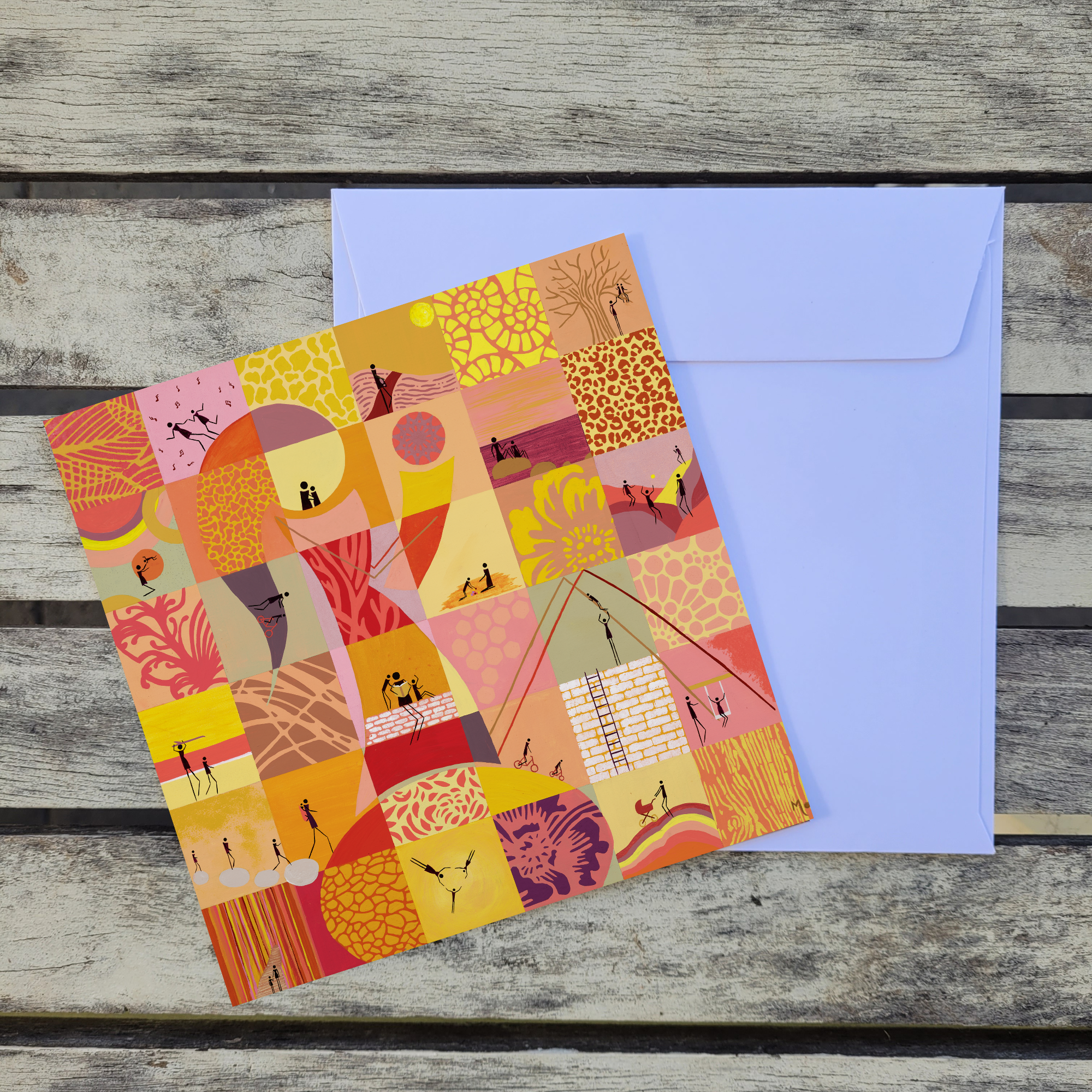 Card Motherhood celebrates the beautiful journey of raising a child, from pregnancy through every stage of growing up. Painted in warm coral, pink and orange tones, this artwork captures the love, resilience and joy that define motherhood. Card and white envelope with wooden background