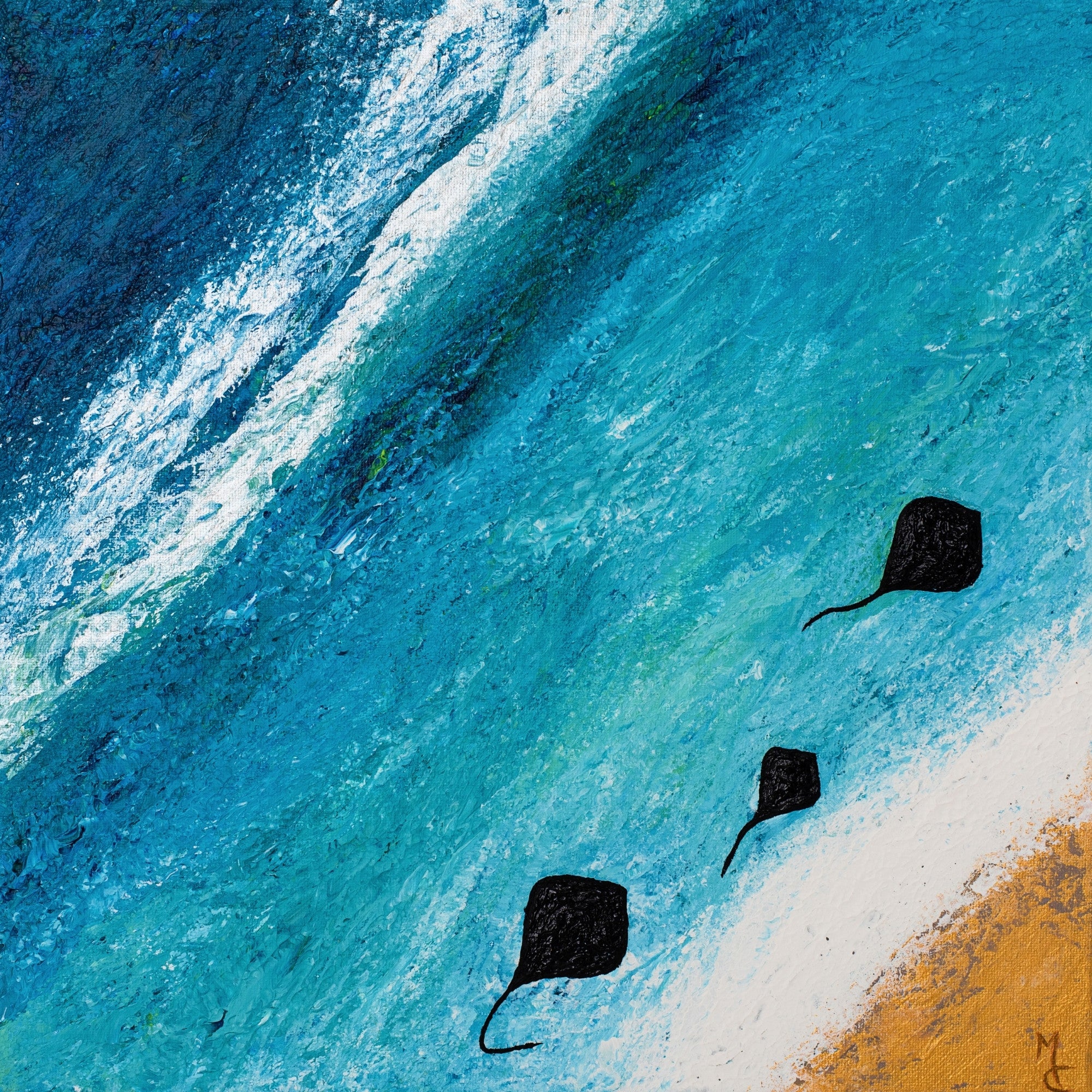Abstract coastal artwork showing turquoise and blue ocean water with white surf, a sandy beige shore, and three black stingray silhouettes.