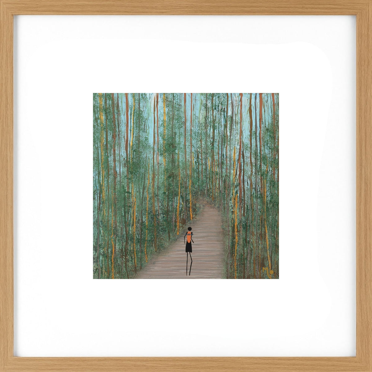 Framed art print featuring a minimalist illustration of a person walking down a boardwalk path surrounded by tall trees, presented with a white mat and light wood frame.