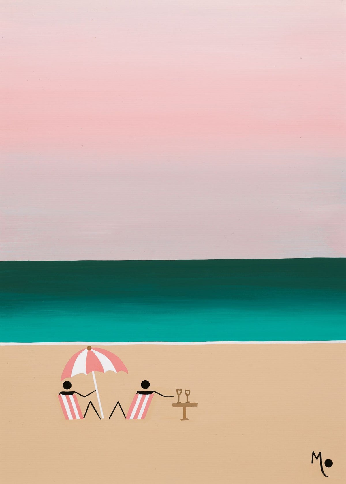 Close up of Blue Cocktail Hours art print captures two people enjoying drinks together on the beach as day slowly fades into night. Soft tones of pink and blue wash across the sky and ocean, creating a peaceful and dreamy twilight atmosphere.