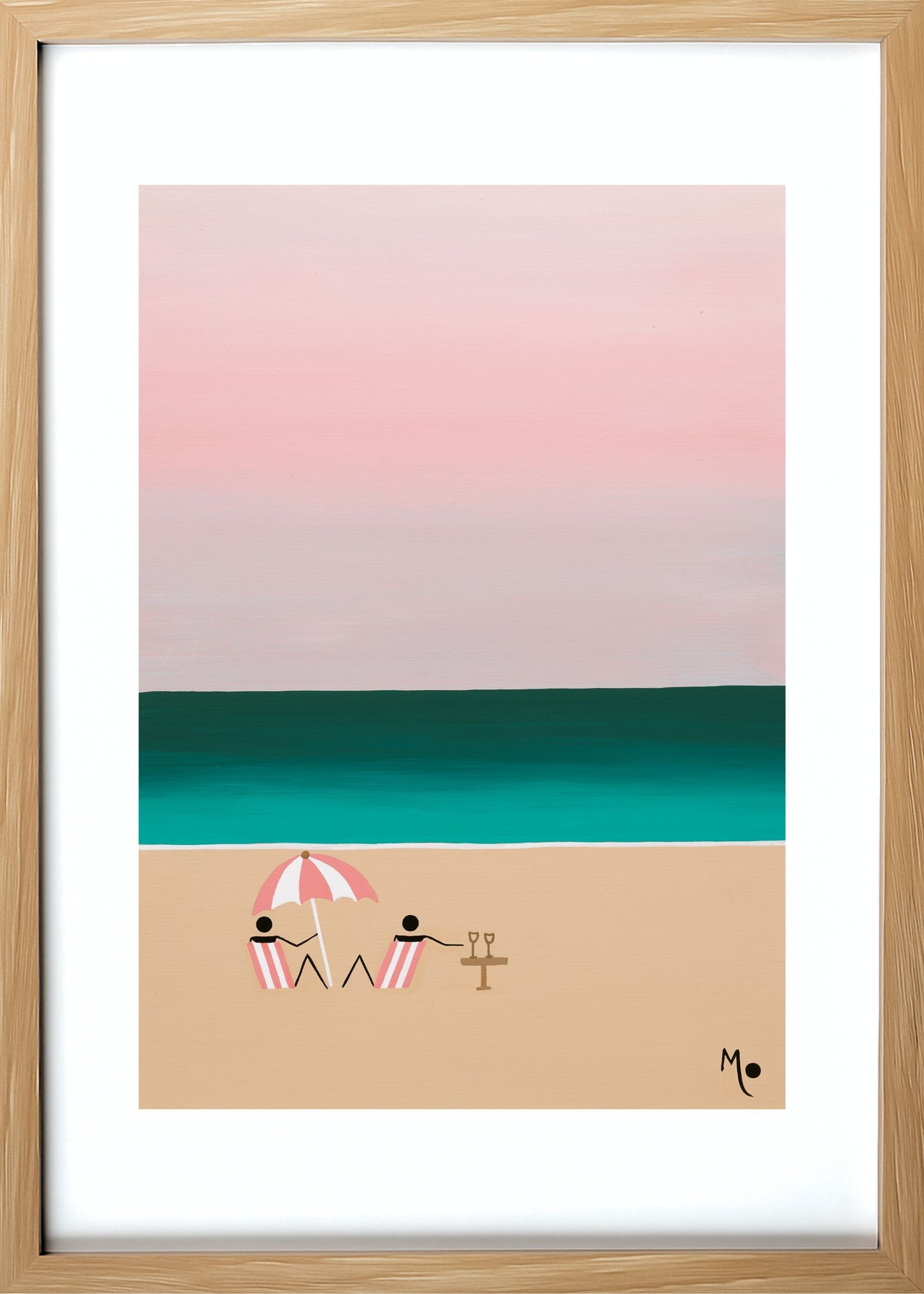 Blue Cocktail Hours captures two people enjoying drinks together on the beach as day slowly fades into night. Soft tones of pink and blue wash across the sky and ocean, creating a peaceful and dreamy twilight atmosphere. Light Wood Framed