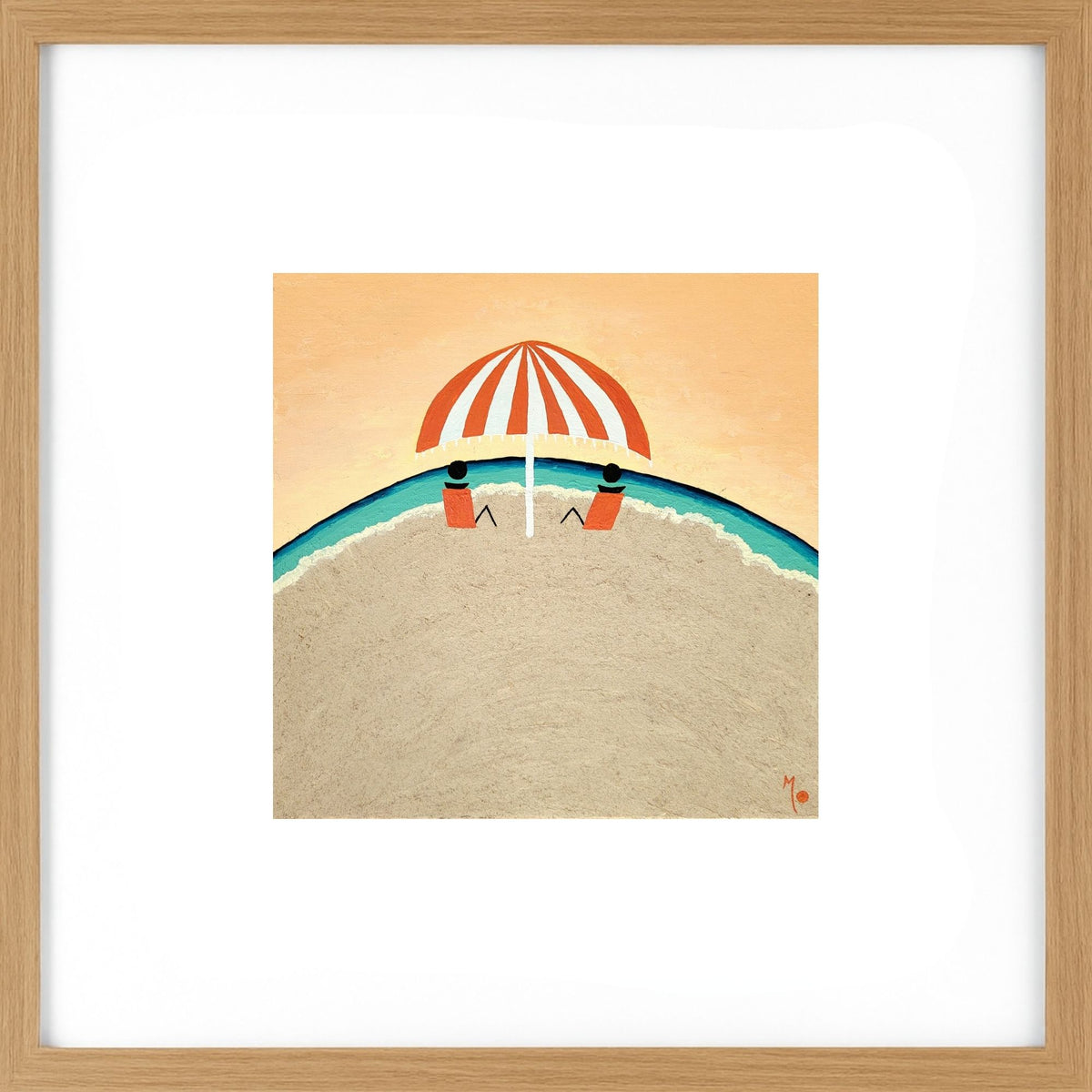 Chill Time captures the peaceful feeling of relaxing by the beach with someone special. Featuring two people beneath a beach umbrella, this artwork celebrates sunshine, friendship and the simple joy of slowing down. Light Wood Framed