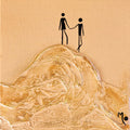 A textured canvas painting featuring two small black stick figures holding hands on top of a wavy, metallic gold and beige mountain-like form against a warm beige background.
