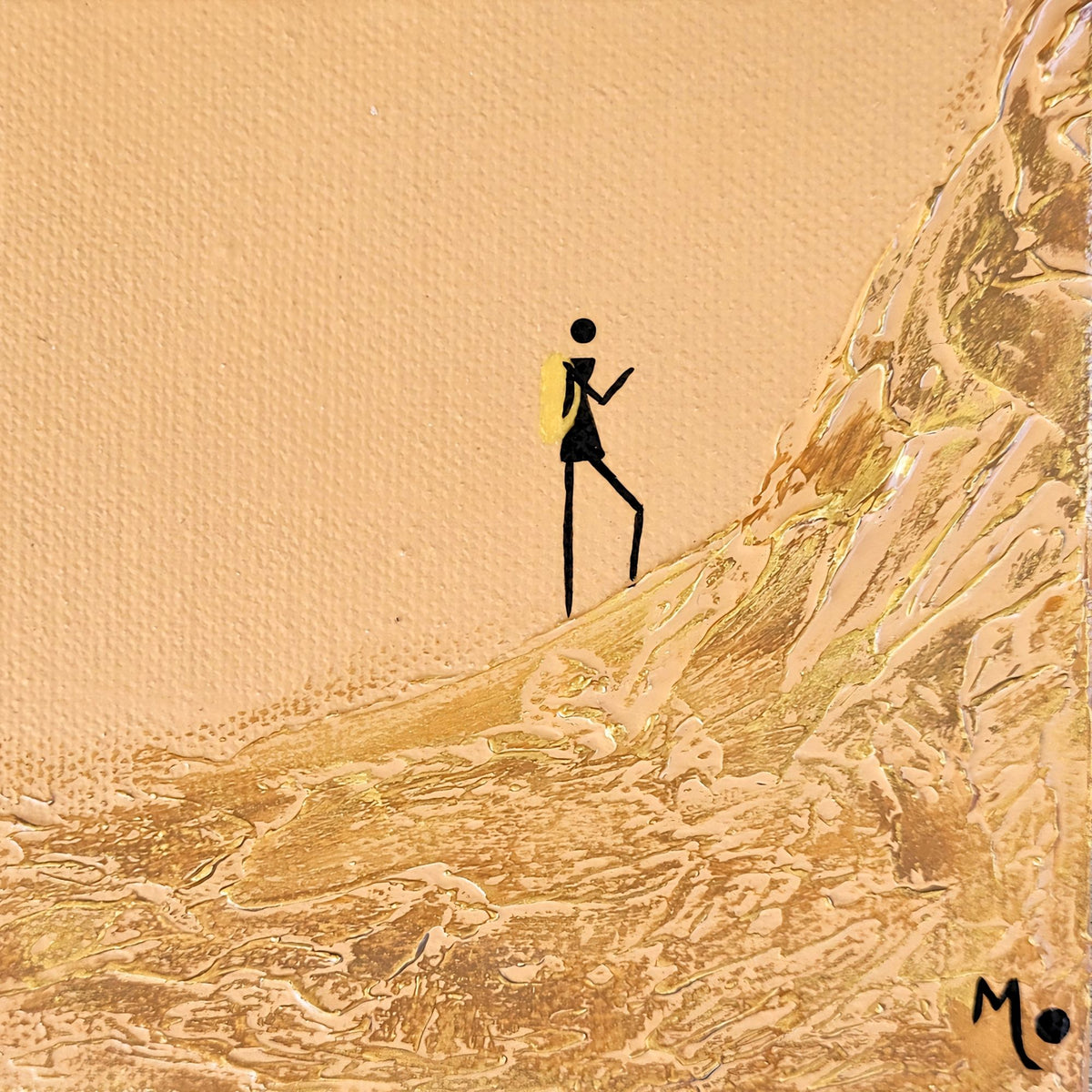 A textured painting of a small black stick-figure-like person with a yellow backpack standing on a rocky, metallic gold and beige hillside under a warm beige sky.