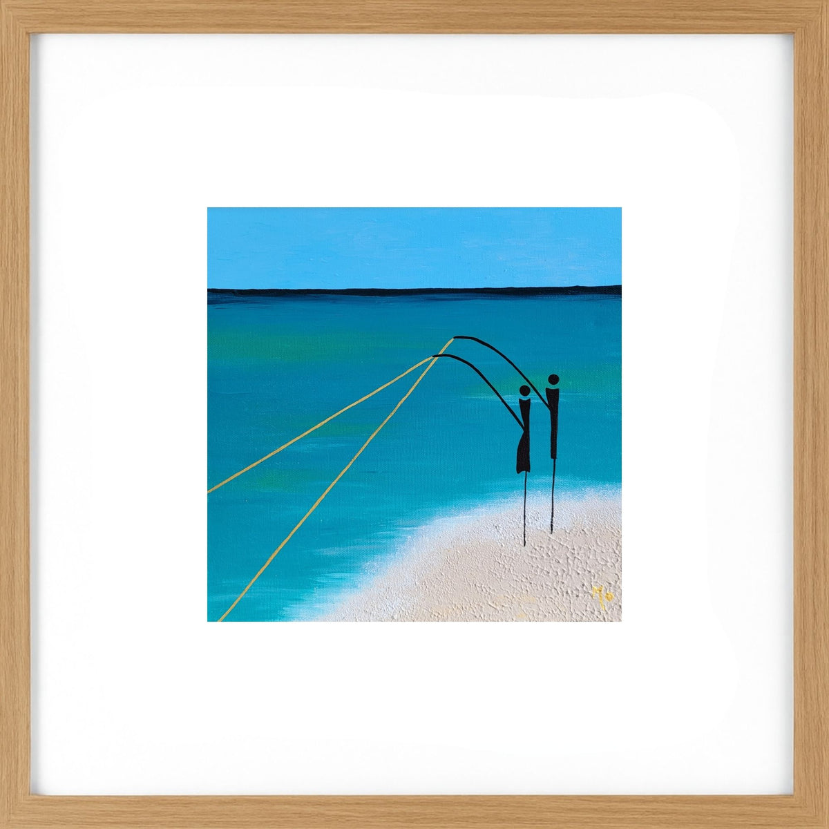 Capturing two people fishing together, this design celebrates the simple pleasures of coastal life, shared moments and the beauty of spending time by the ocean. Light Wood Framed