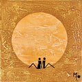 An abstract square artwork featuring a large textured gold circle centered on a mottled gold background, with two small black seated figures at the bottom and a black monogram in the lower right corner.