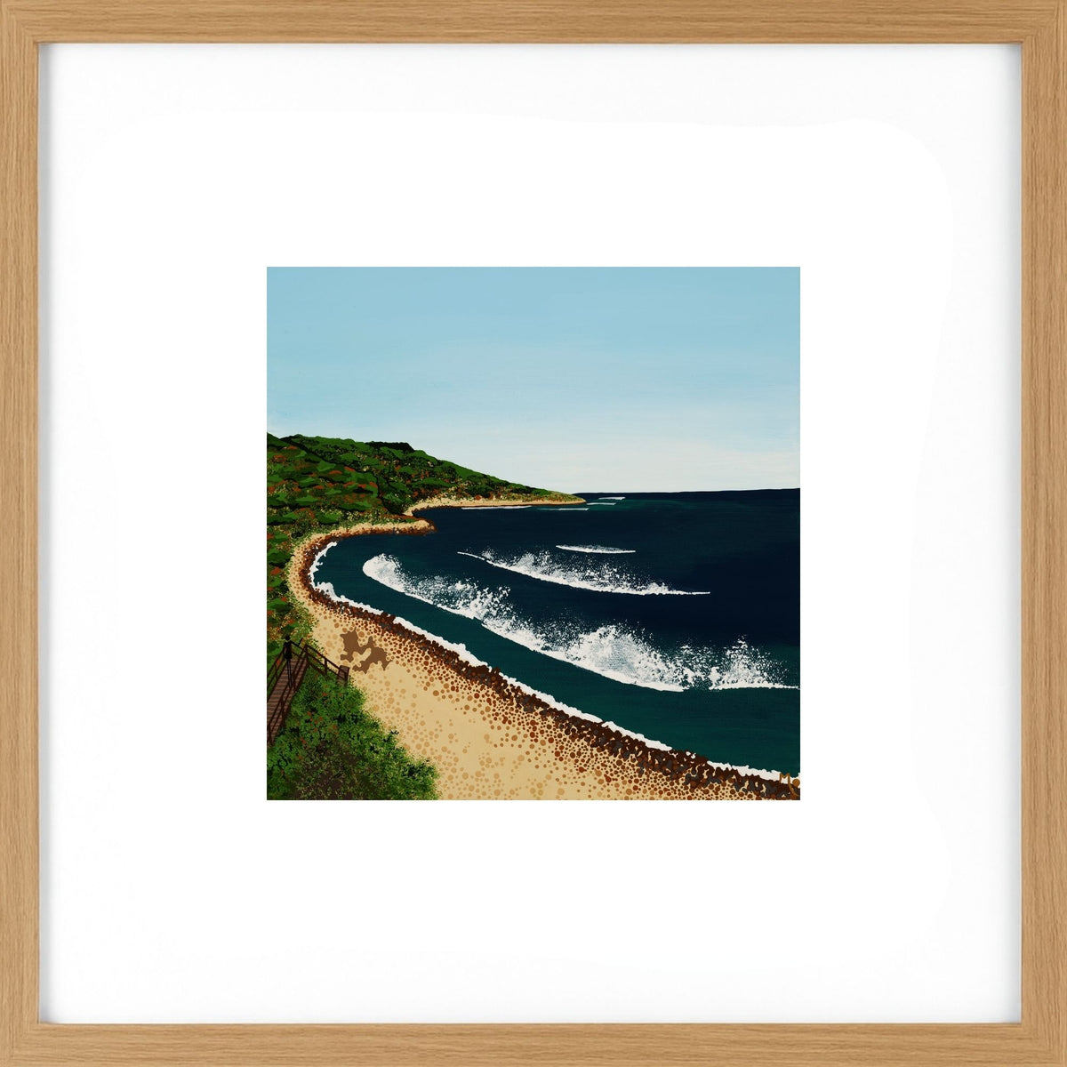 Art Print featuring an original artwork inspired by Huzzas, a much-loved surf break in Gracetown Bay, Western Australia, capturing the peaceful atmosphere and beauty of this special corner of the Margaret River coast, light wood frame.