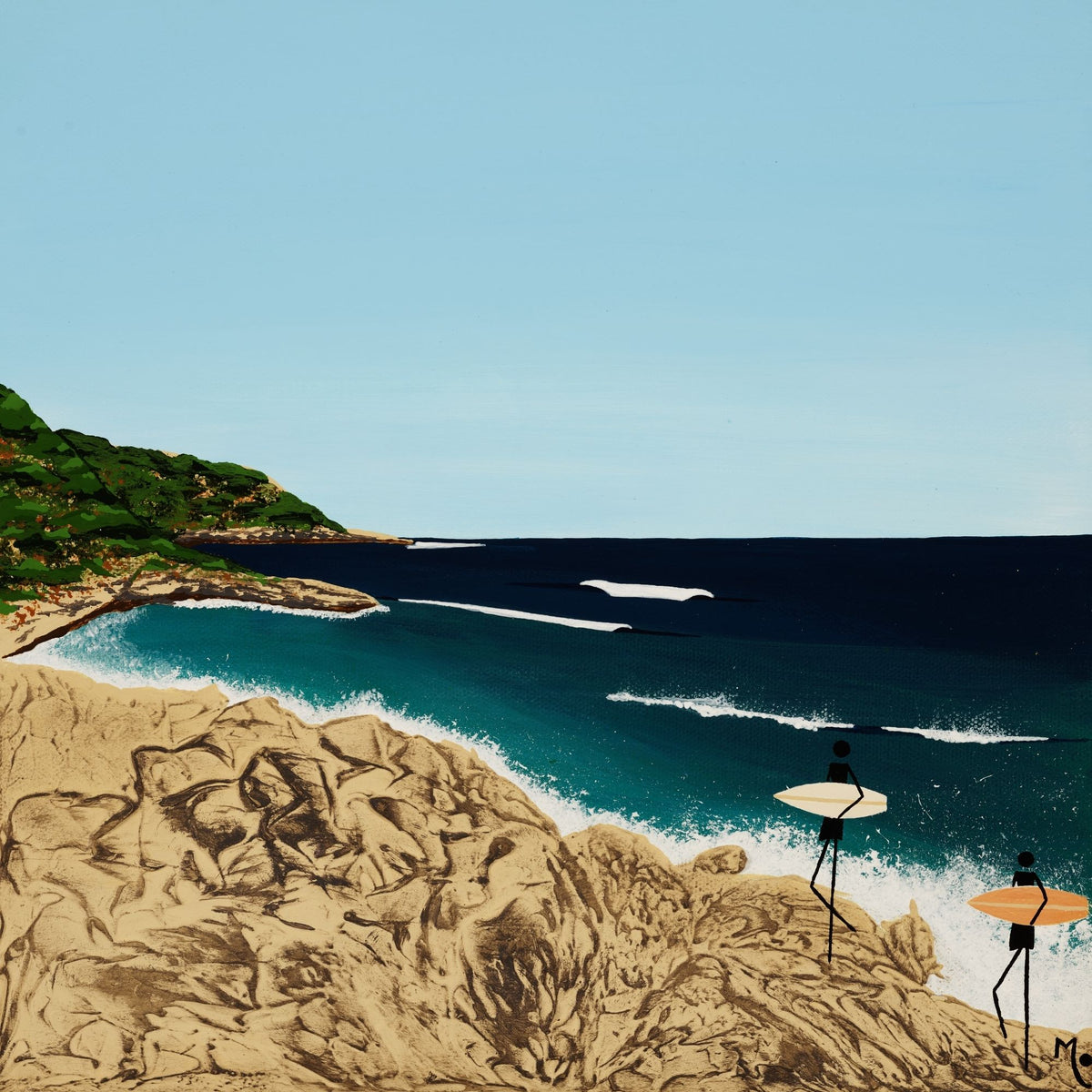 Featuring an original artwork inspired by Huzzas, a much-loved surf break in Gracetown Bay, Western Australia, capturing the peaceful atmosphere and beauty of this special corner of the Margaret River coast.