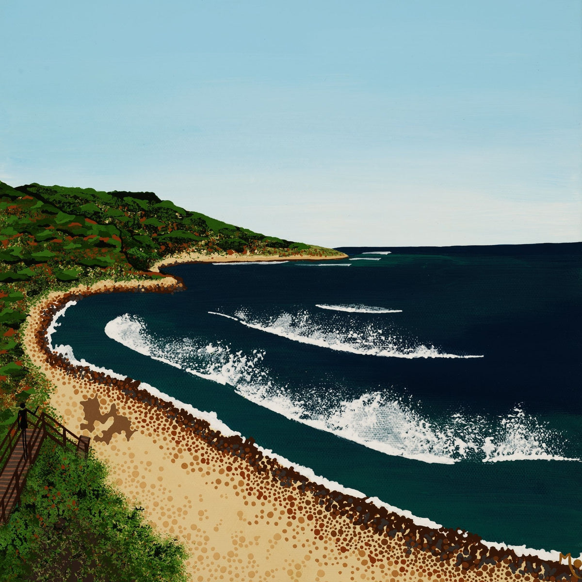 Featuring an original artwork inspired by Huzzas, a much-loved surf break in Gracetown Bay, Western Australia, capturing the peaceful atmosphere and beauty of this special corner of the Margaret River coast.