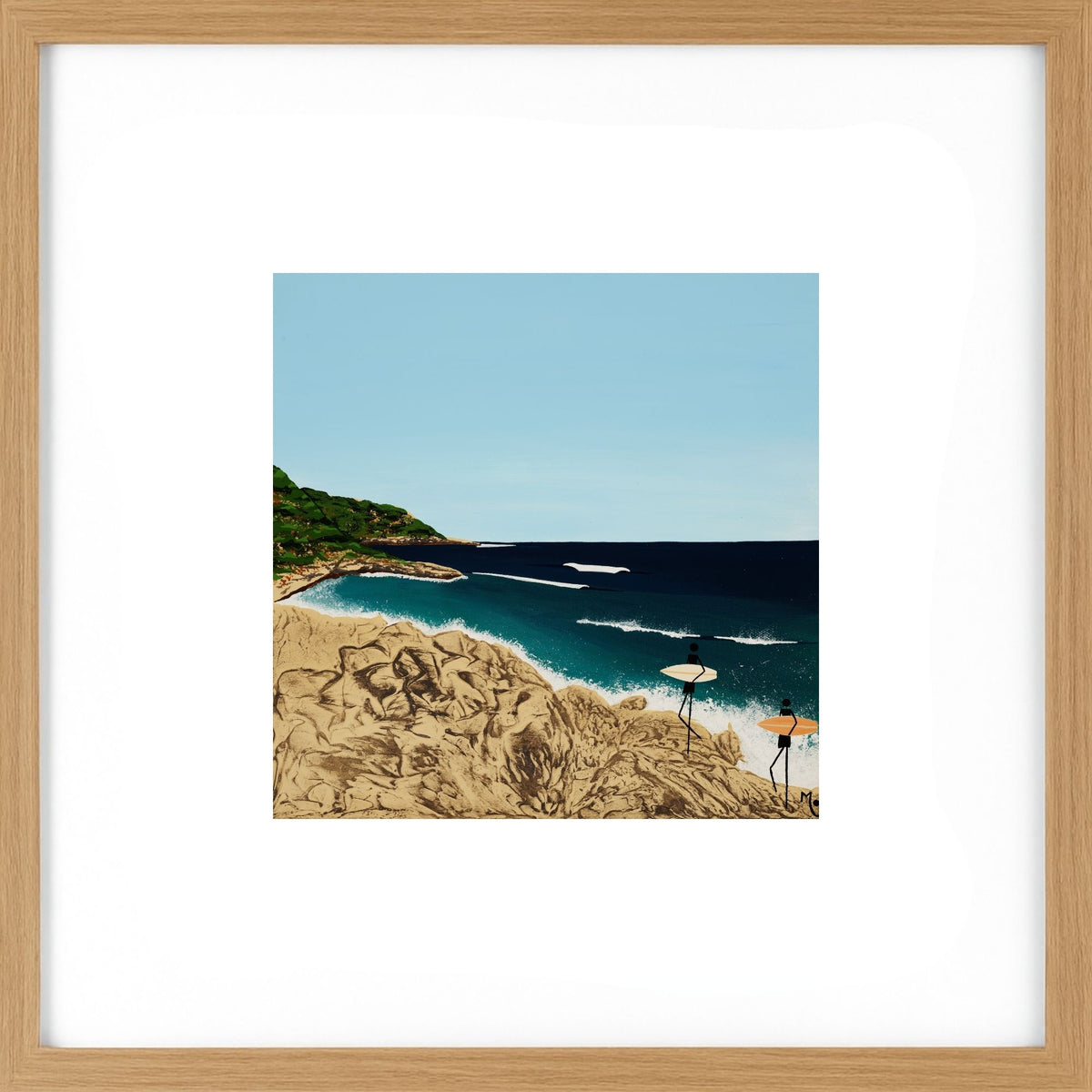 Featuring an original artwork inspired by Huzzas, a much-loved surf break in Gracetown Bay, Western Australia, capturing the peaceful atmosphere and beauty of this special corner of the Margaret River coast. Framed in Light Wood