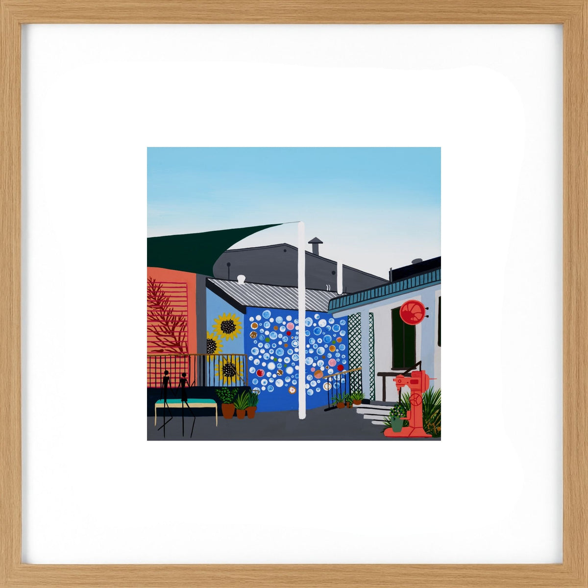 Featuring an original artwork inspired by the Margaret River Bakery, a quirky and much-loved local spot in the heart of town, known for its unique charm, character and relaxed atmosphere, set within a white mat and light wood frame.
