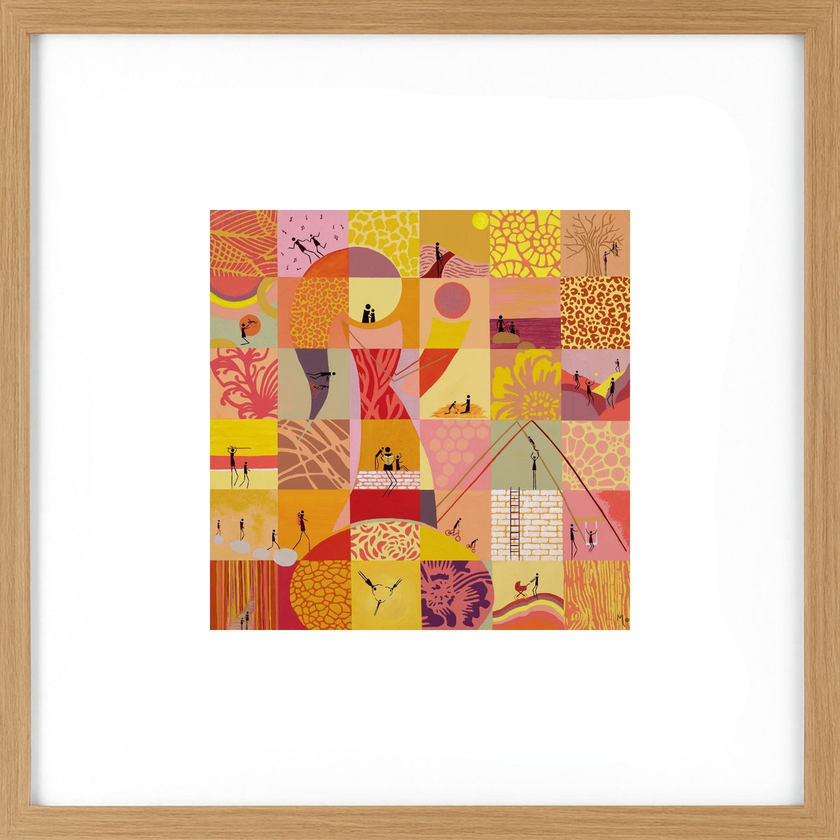 Motherhood celebrates the beautiful journey of raising a child, from pregnancy through every stage of growing up. Painted in warm coral, pink and orange tones, this artwork captures the love, resilience and joy that define motherhood. Framed in light wood