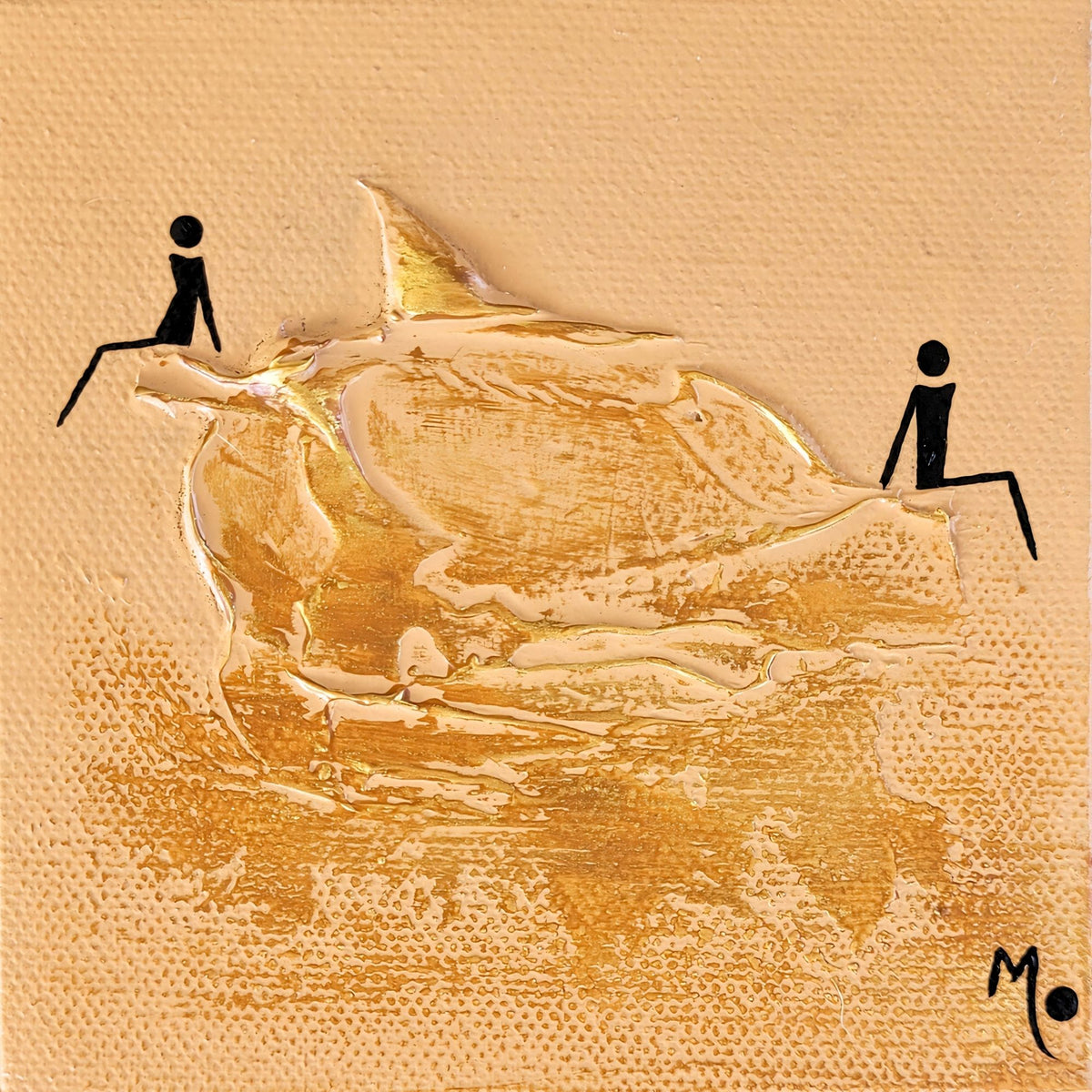 An abstract artwork on a textured beige canvas featuring a large, thick impasto gold shape resembling a shell or abstract wave, with two small black stick figures sitting on either side. A signature from Artist