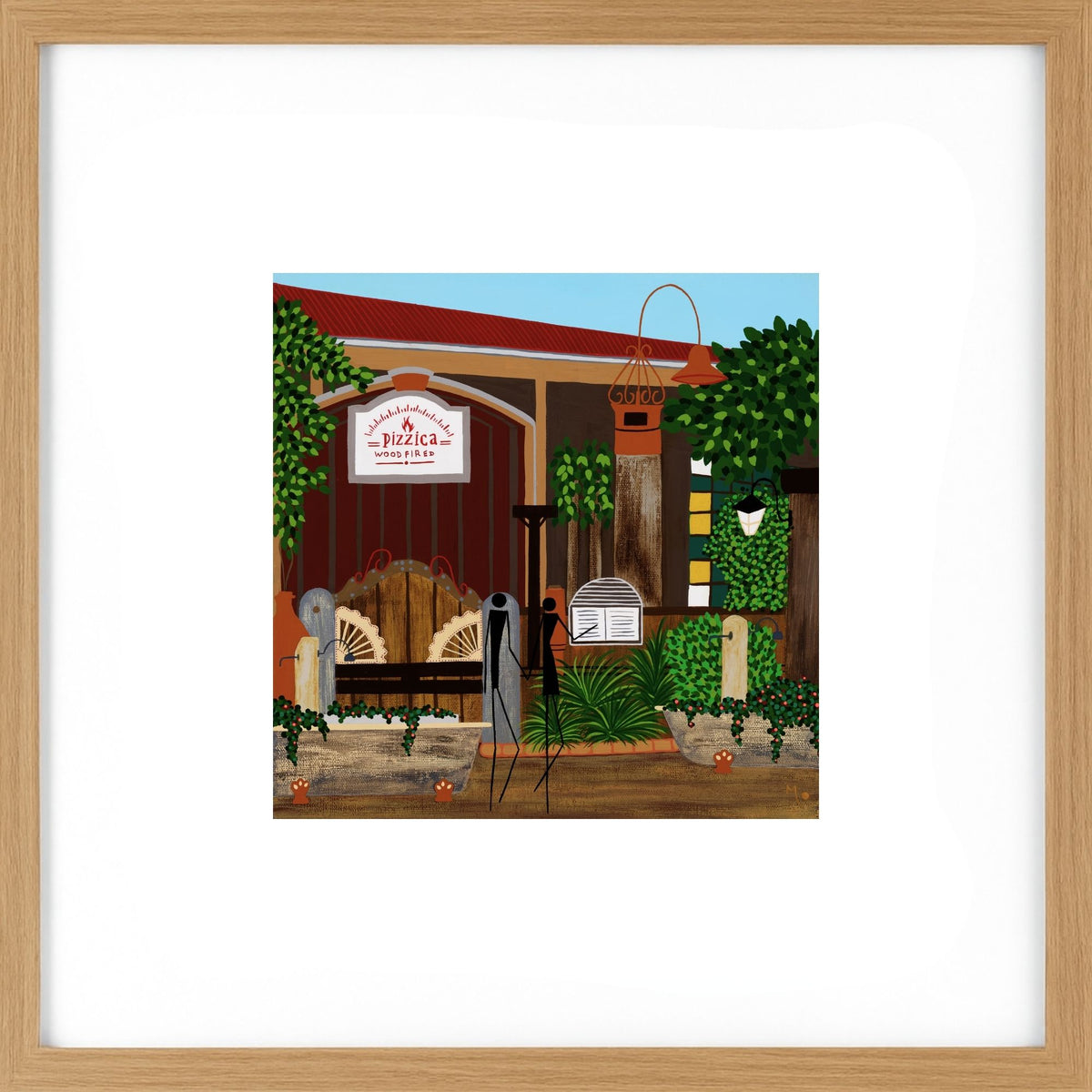 Pizzica art print features an original artwork inspired by Pizzica in the heart of Margaret River town, a much-loved local restaurant filled with character, good food and happy memories. Light wood frame