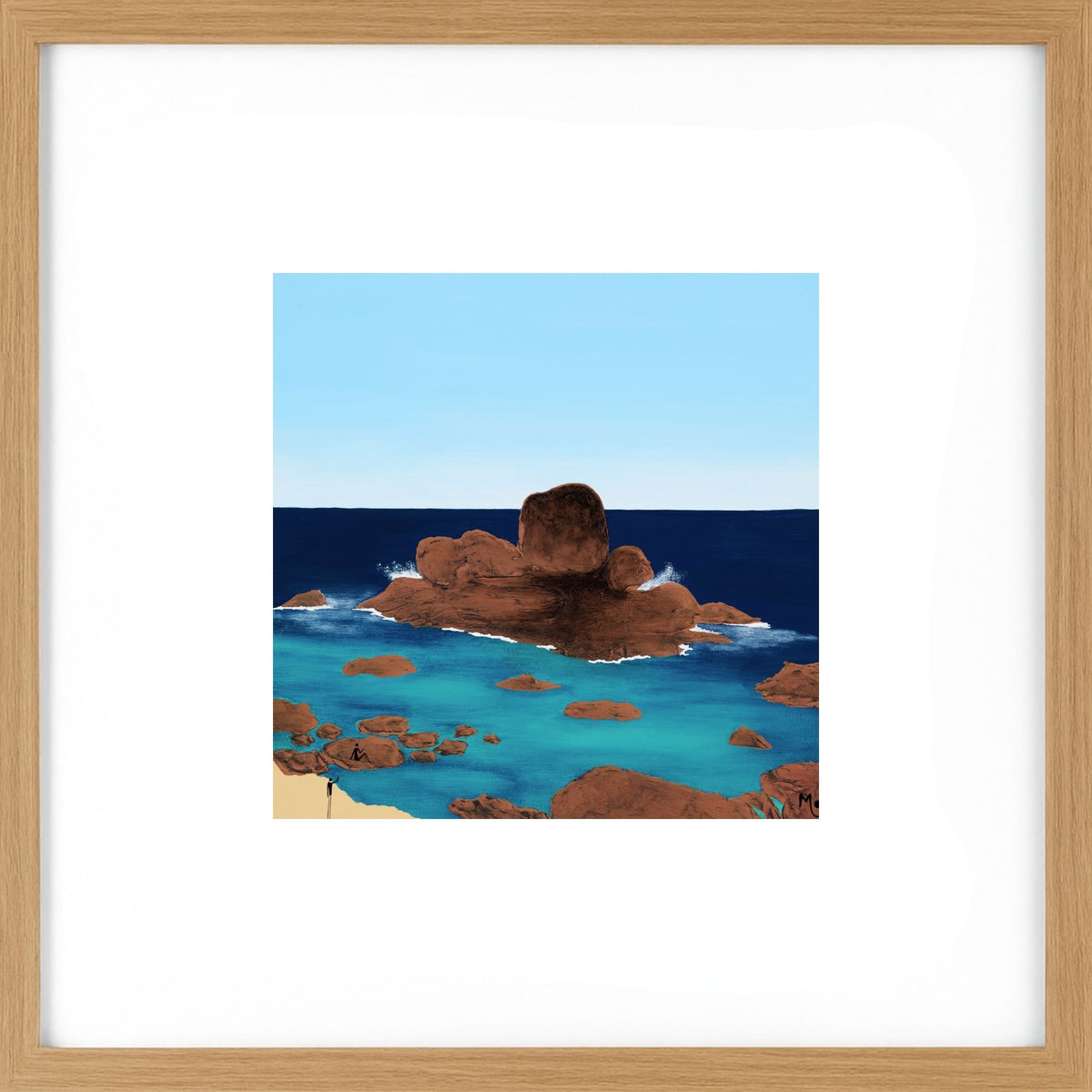 Art print featuring an original artwork inspired by Redgate Beach and its distinctive rock formation, one of the beautiful coastal landmarks of the Margaret River region in Western Australia framed in light wood.