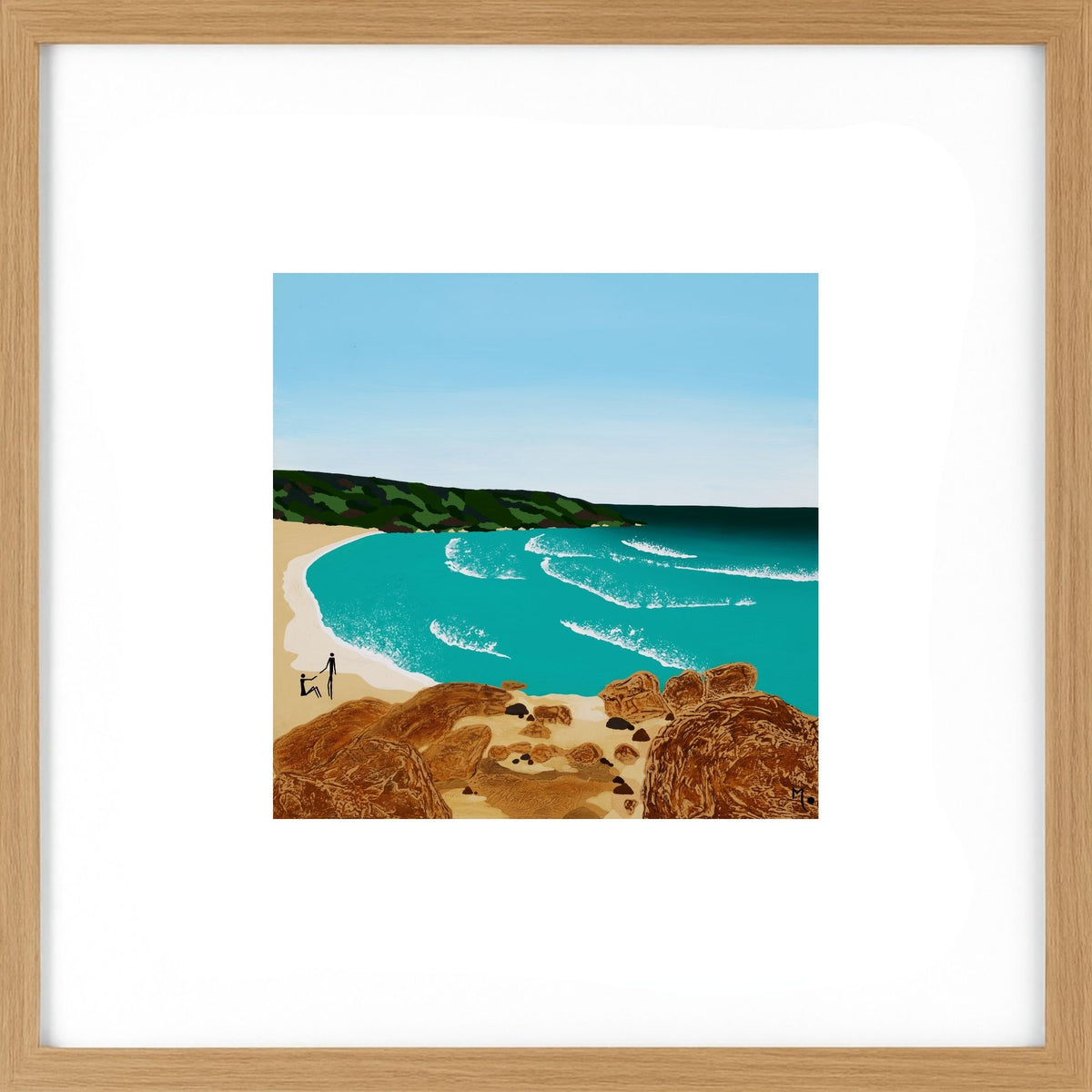 Art Print featuring an original artwork inspired by Redgate Beach in Margaret River, Western Australia, with its beautiful turquoise water, white sand and fun waves. A special place filled with memories of long mornings spent by the ocean with family. Framed in light wood frame