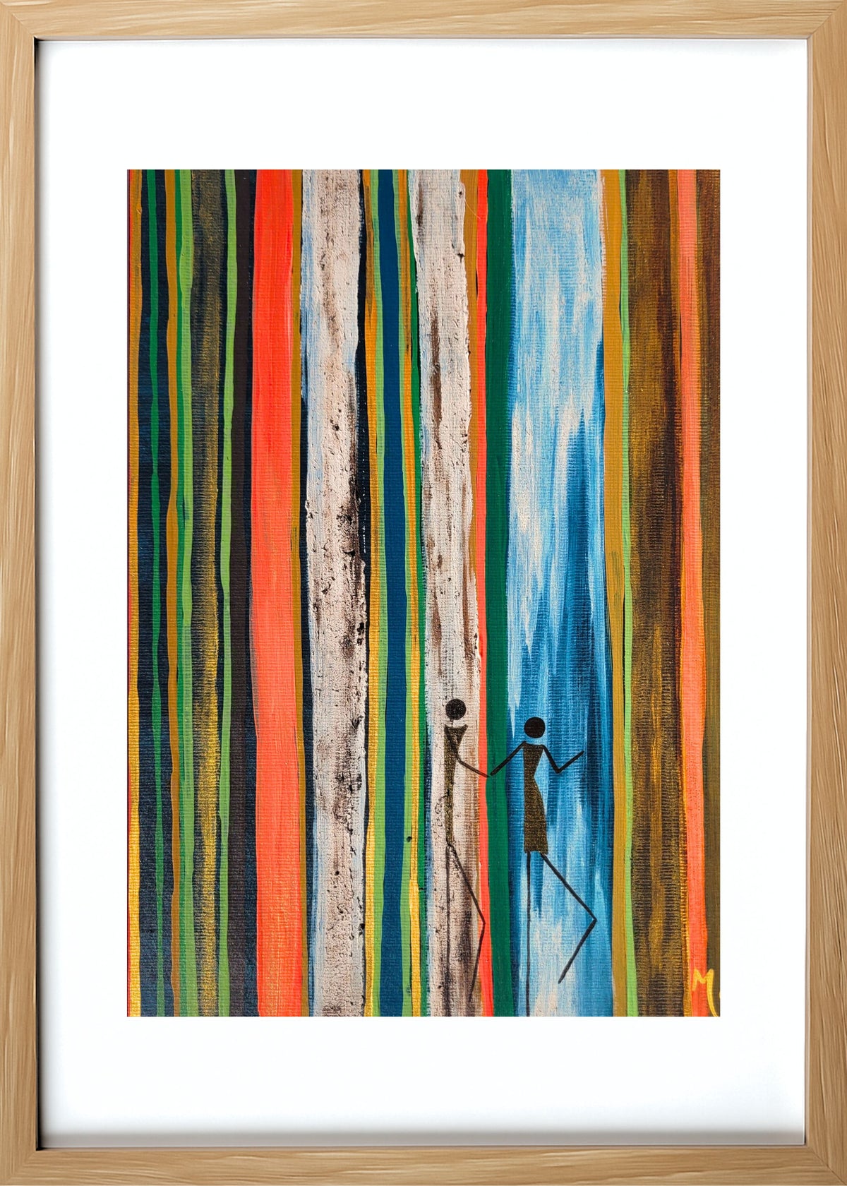 Suis-moi, meaning "Follow Me" in French, is an original painting from the L'Amour dans la forêt collection, inspired by the enchanting Boranup Forest in the Margaret River region of Western Australia. The artwork captures a woman gently leading her partner by the hand beneath the towering karri trees, inviting them to explore the beauty, wonder and serenity of the forest together. Framed in light wood.