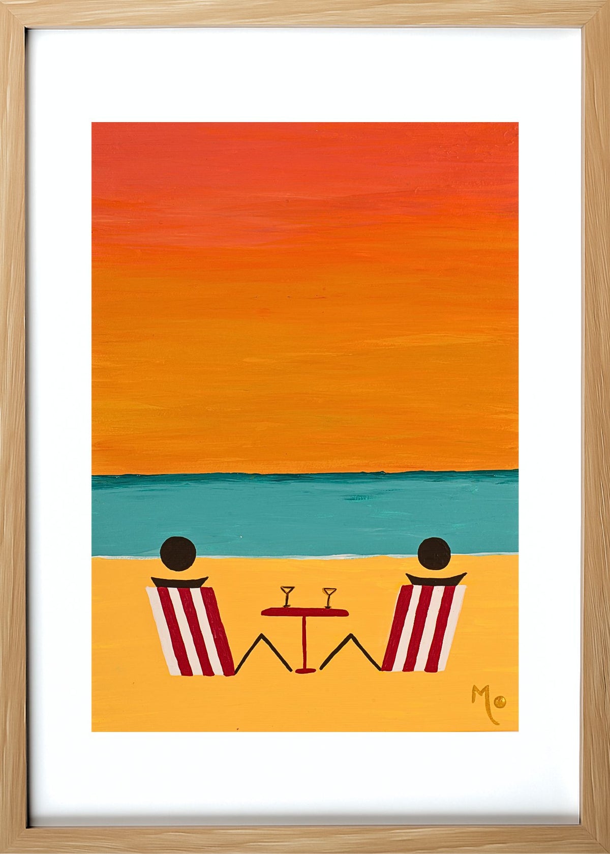 Featuring two people sharing drinks on the beach as the sun sets over the horizon, this artwork captures the warmth, connection and relaxed coastal lifestyle that make summer evenings so memorable. Framed in light wood