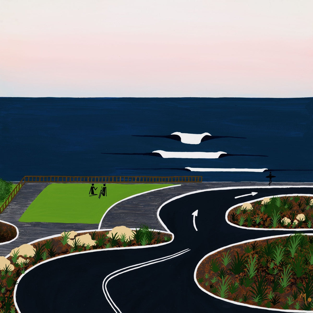 An art print of original artwork inspired by Surfers Point in Prevelly, one of Margaret River's most famous surf spots and a special place to watch the waves, enjoy the sunset and spend time overlooking the Indian Ocean.