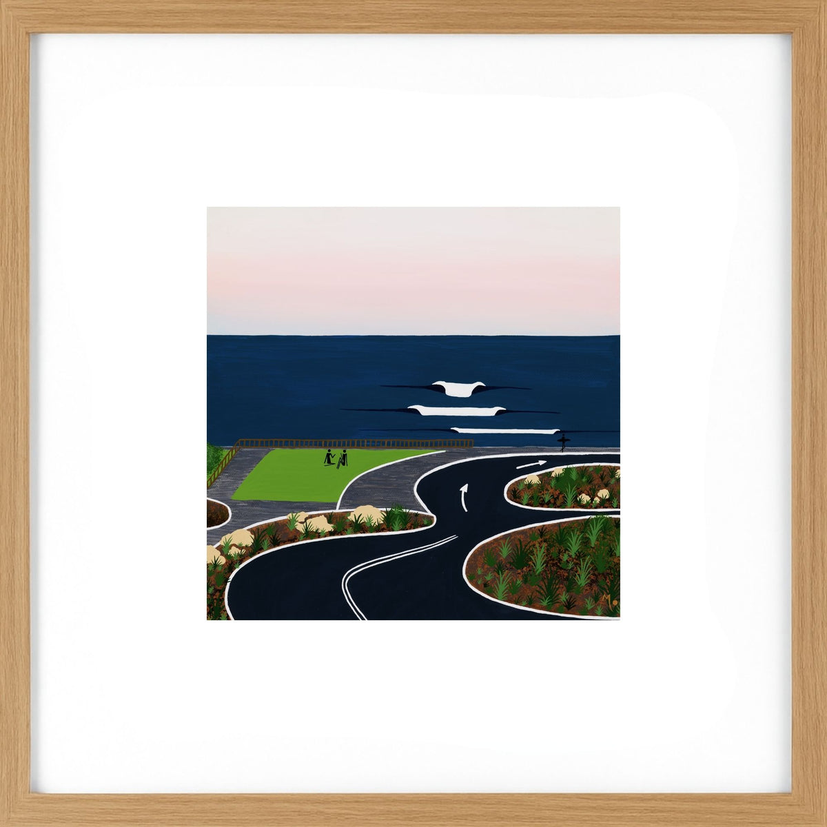 An Art Print of an original artwork inspired by Surfers Point in Prevelly, one of Margaret River's most famous surf spots and a special place to watch the waves, enjoy the sunset and spend time overlooking the Indian Ocean framed in light wood.