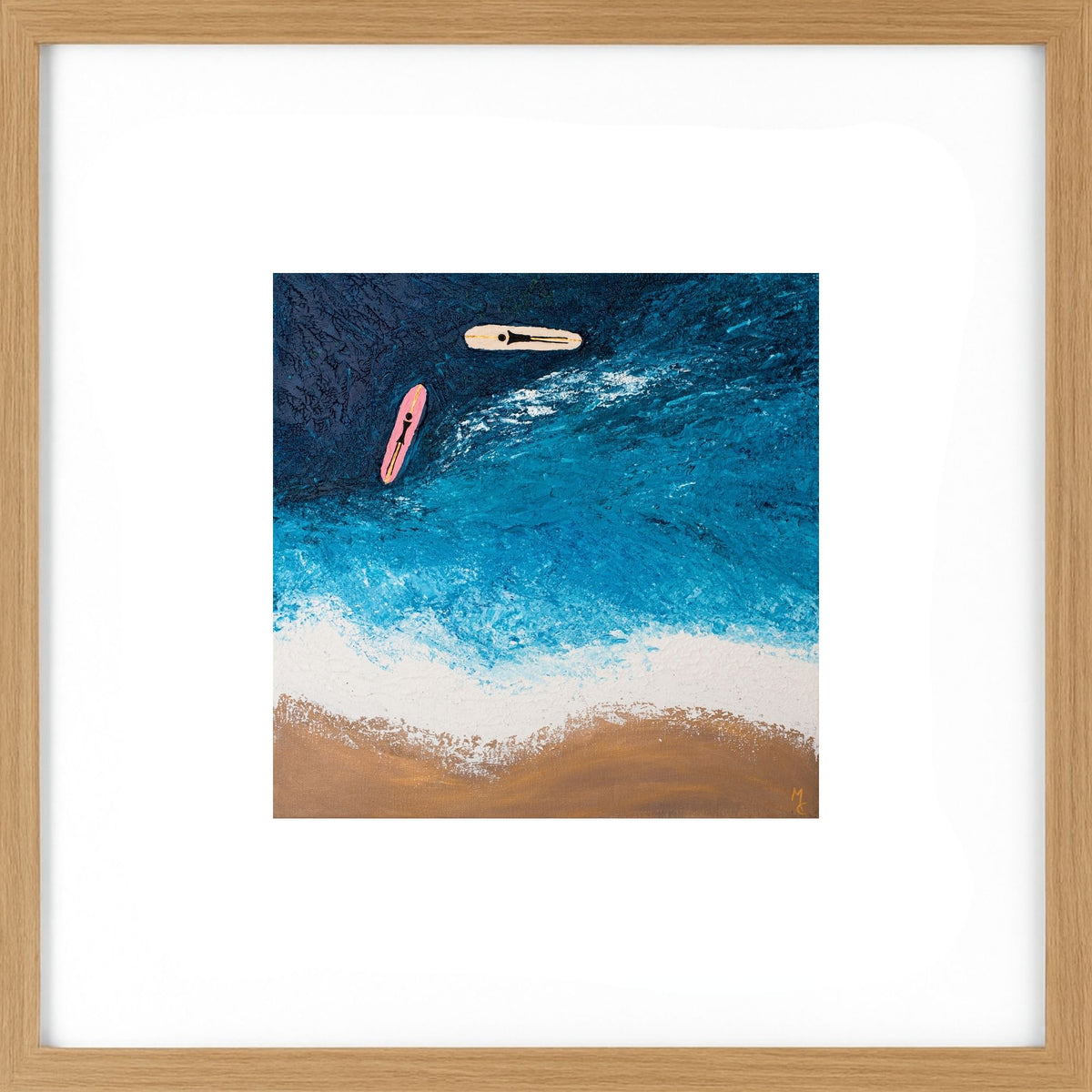 Surfing Date captures two longboarders paddling side by side, celebrating the joy of sharing waves, adventures and special moments together. Inspired by the timeless connection between surfing and love, this artwork is perfect for anyone who finds happiness in the ocean. Framed in Light wood