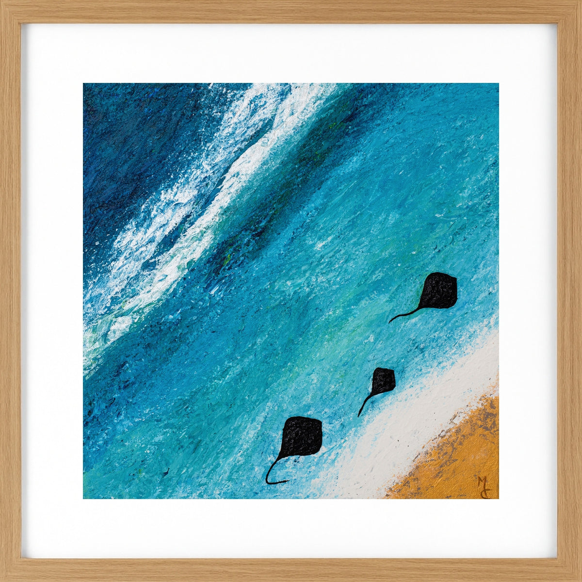 Viewed from above, this artwork captures the graceful movement of the bay's famous stingrays as they glide through the turquoise shallows, creating a peaceful and mesmerising coastal scene. Framed in light wood