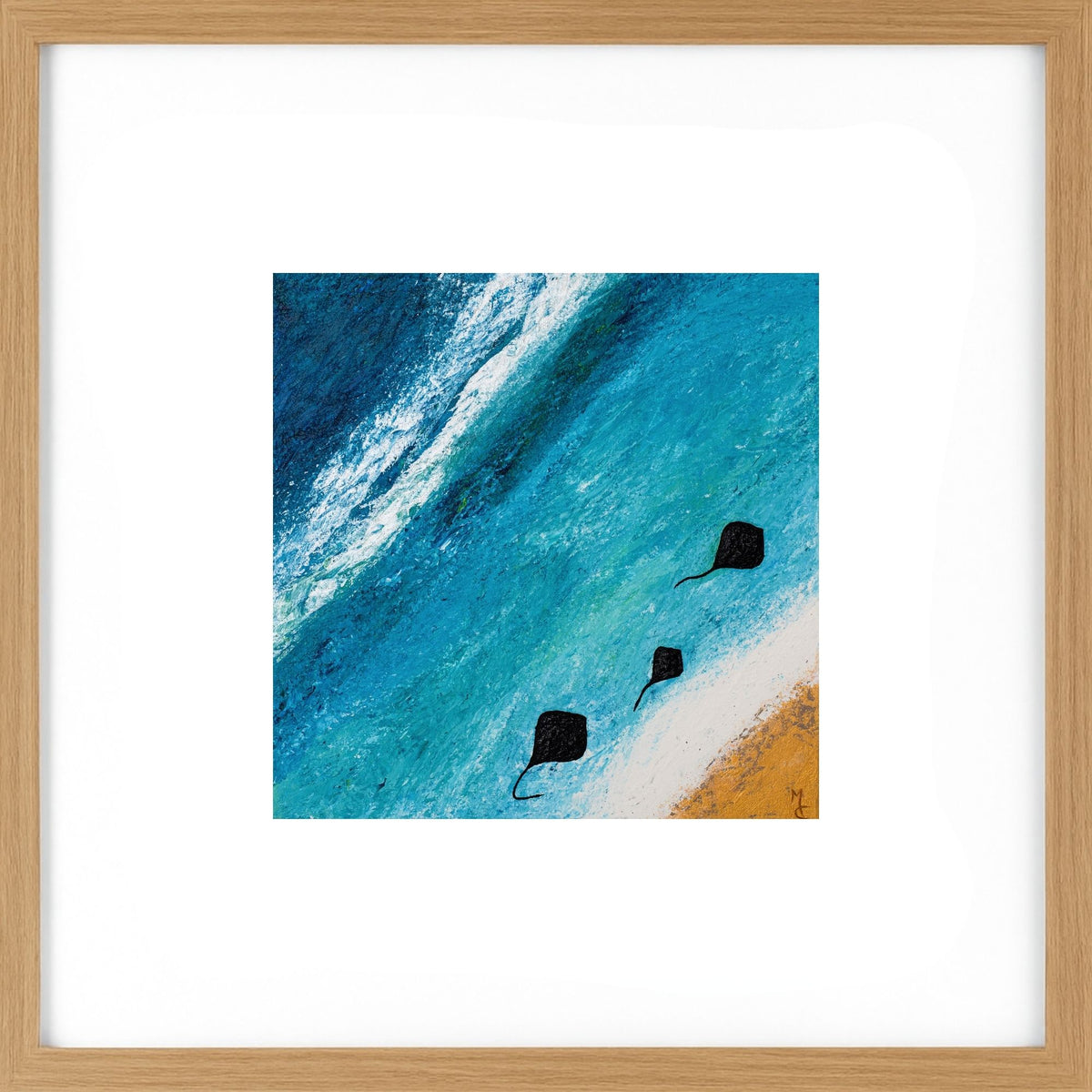  From an aerial perspective, the artwork showcases the bay's iconic stingrays gliding gracefully through the turquoise shallows, celebrating the beauty and serenity of this remarkable coastline. Light Wood Framed