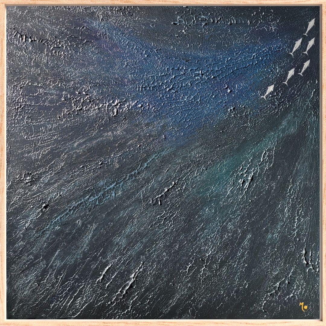 The Ocean Ballet is an original painting from the Ocean Pulse collection, inspired by the ever-changing rhythm of the Indian Ocean along the Western Australian coastline. Viewed from above, this artwork captures the raw energy of the sea through rich, deep blue tones and dynamic movement, inviting the viewer to become immersed in the ocean's endless dance. Framed in light wood