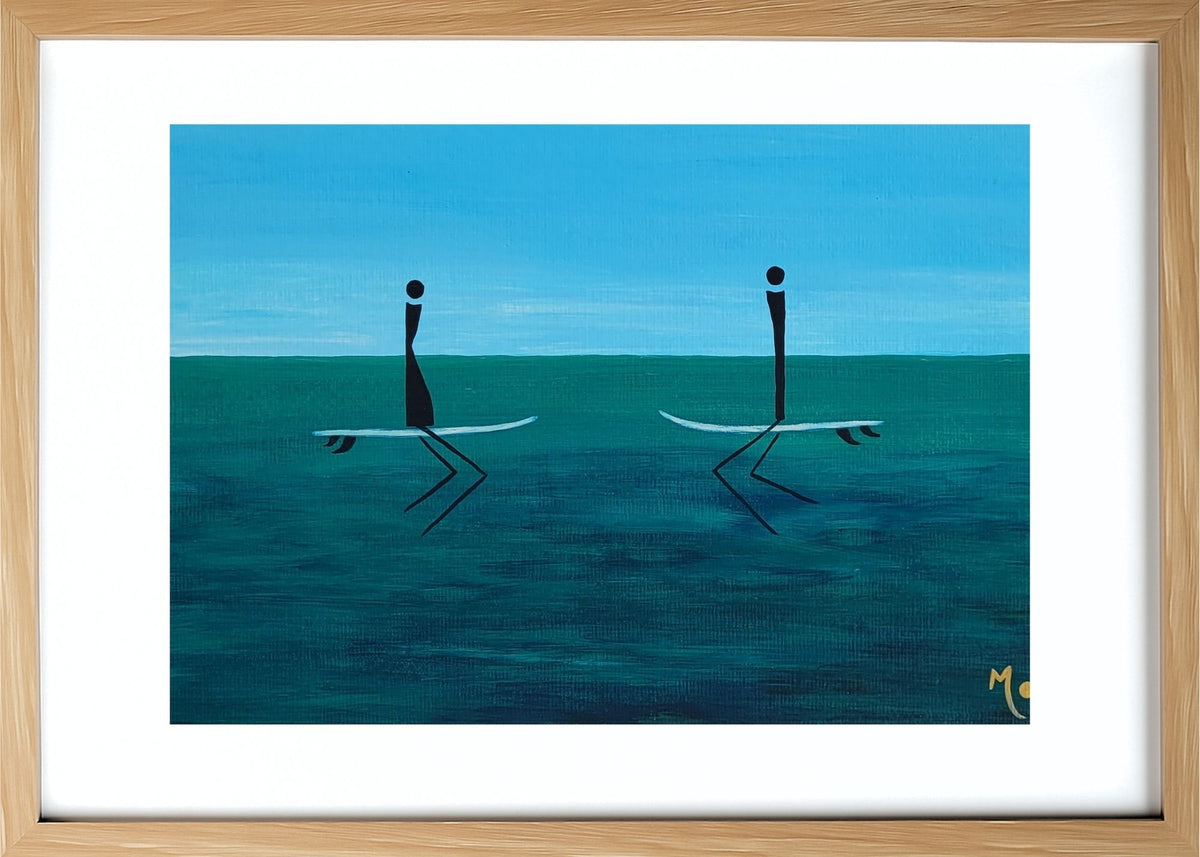 The Wait is an original painting from the Ocean Pulse collection, capturing one of the most peaceful and meaningful moments in surfing. Depicting two surfers sitting on their boards beyond the breaking waves, this artwork celebrates the anticipation, patience and quiet connection that come before the perfect wave arrives. Framed in light wood