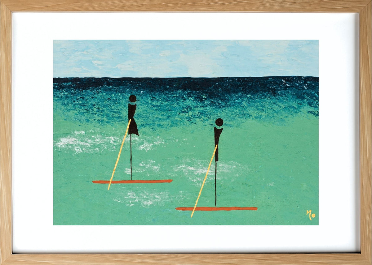 Thursday celebrates the joy of slowing down and embracing life's simple adventures. Featuring two people exploring calm waters on stand-up paddleboards, this artwork captures the freedom, balance and peaceful connection that come from spending time on the water. Framed in light wood