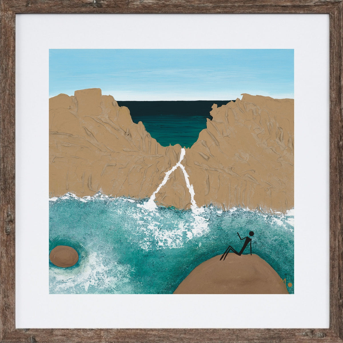 This artwork captures a peaceful figure relaxing on the rocks, overlooking the crystal-clear waters and the natural ocean pool that make Injidup Spa so unforgettable. Framed in dark wood