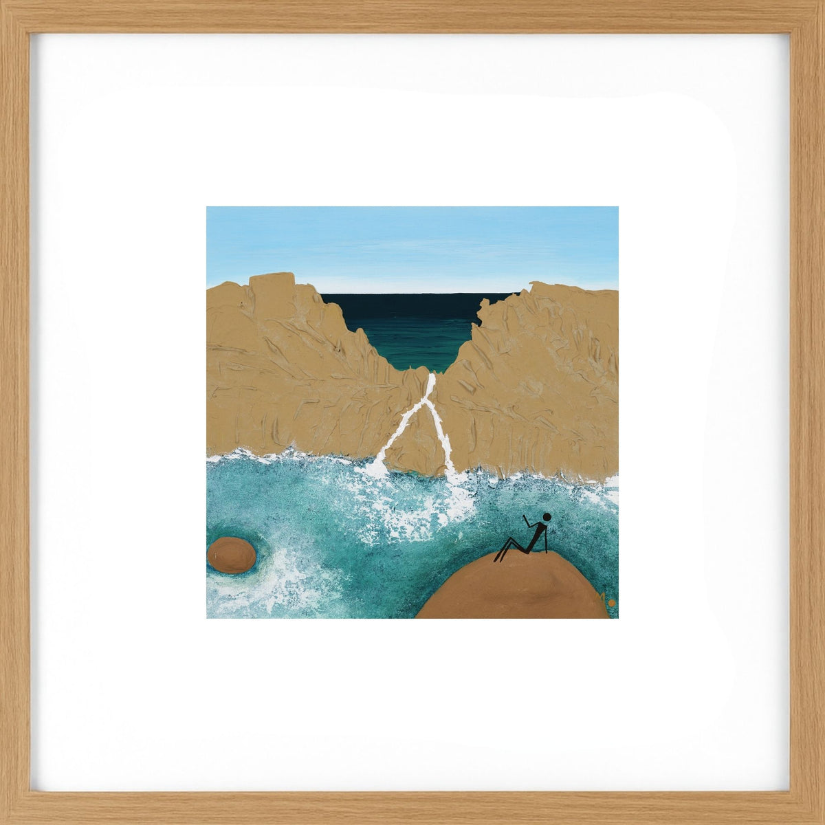 The artwork captures a peaceful moment of relaxation on the rocks, celebrating the calm, beauty and natural wonder of this iconic coastal location. Card and white envelope with wooden background. Framed in Light Wood