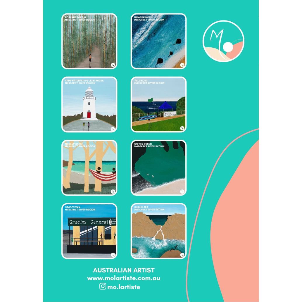 A colourful collection of 8 vinyl stickers inspired by the Margaret River region and the Cape to Cape Track, featuring some of the spectacular beaches, coastal landscapes and landmarks of Western Australia's South West.mo.lartiste.
