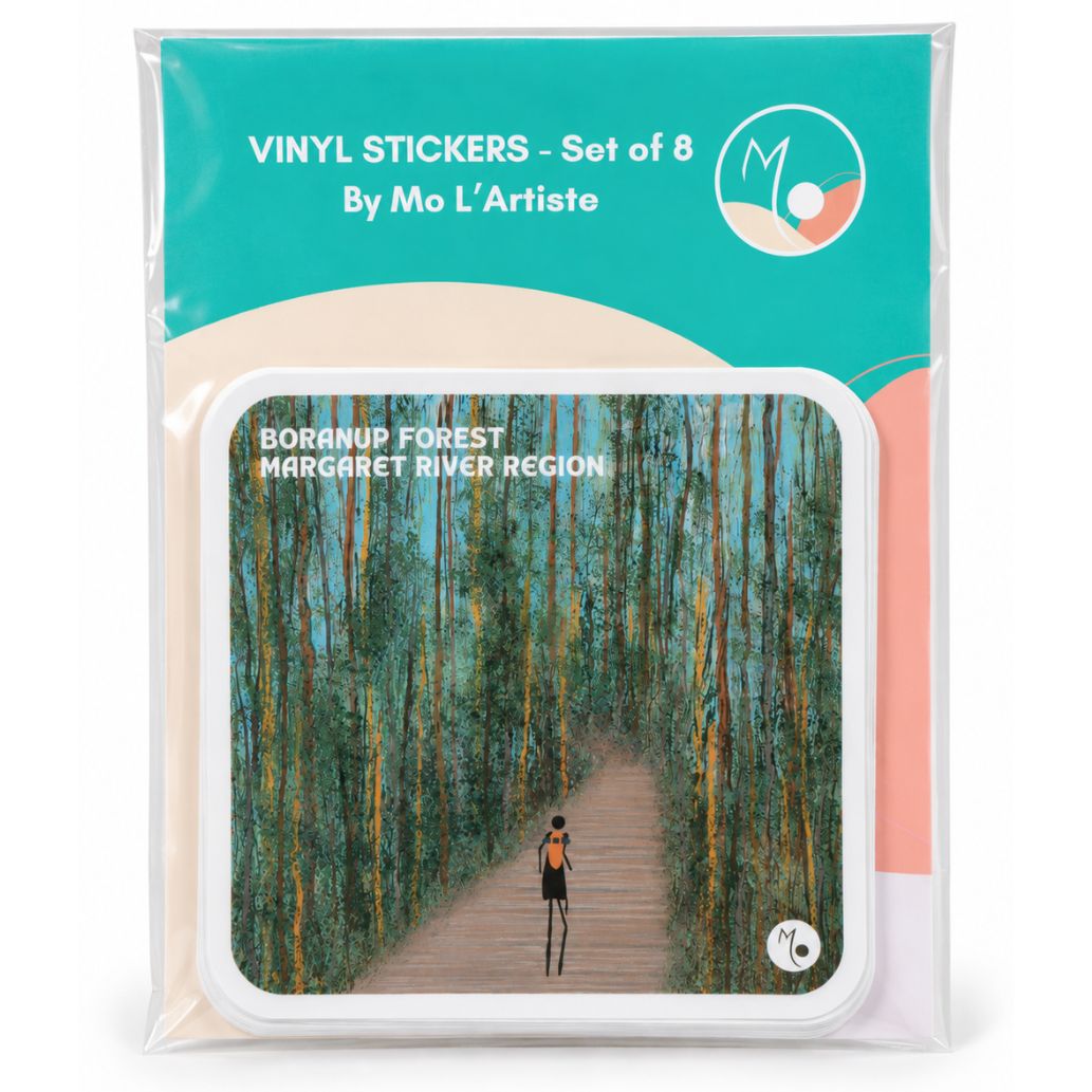 A colourful collection of 8 vinyl stickers inspired by the Margaret River region, featuring some of the spectacular beaches, forests, surf spots and iconic landmarks of Western Australia's South West.